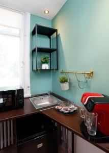 una cocina con fregadero y encimera en Grand Phillip Cismigiu Park Downtown Bucharest, en Bucarest