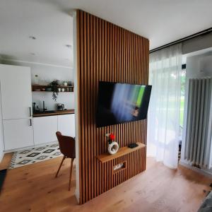 een woonkamer met een flatscreen-tv aan de muur bij Kesterciems seaside apartment with terrace in Ķesterciems