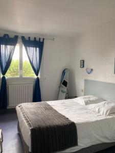 モン・ド・マルサンにあるLE ZANCHETTINのベッドルーム1室(青いカーテン、窓付)