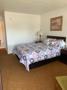 1 dormitorio con 1 cama con edredón en Monticello Inn - Monticello, Indiana, en Monticello