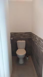 um WC branco numa casa de banho com uma parede de tijolos em Les Bosquets JOLY em Montauroux