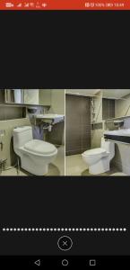 two pictures of a bathroom with two toilets and a sink at Tai Hoe Hotel Pengerang in Kampung Sungai Rengit