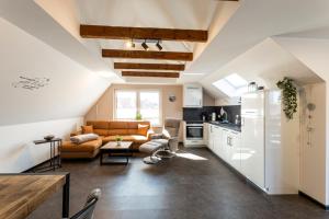 ein Wohnzimmer mit einem Sofa und einer Küche in der Unterkunft Sommerwind Borkum Alfonso Wohnung 3 - Urlaub mit Hund in Borkum