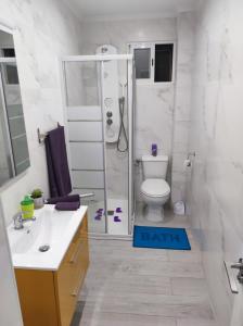 La salle de bains est pourvue d'une douche, de toilettes et d'un lavabo. dans l'établissement Apartamento completo, mascotas aceptadas, à Arenales del Sol