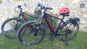 two bikes parked in the grass with a helmet at Agriturismo Gradec in Aurisina