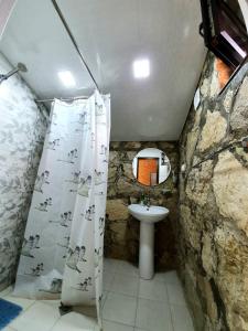 y baño con cortina de ducha y lavamanos. en Guest house Ijevan's Garden en Ijevan