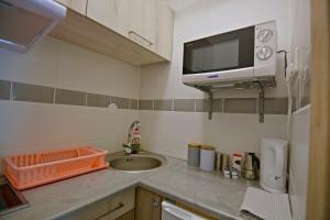 Kuchyň nebo kuchyňský kout v ubytování Purple Apartman
