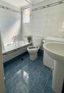 Baño blanco con aseo y lavamanos en Seaside Apartment in Glyfada-Trizonia, en Glyfada Fokidas