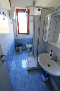 uma casa de banho com um lavatório, um chuveiro e um WC. em Casa Francia em Follonica