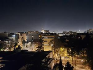 vistas a una ciudad por la noche con edificios en Apartman 501 en Vračar (historical)