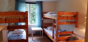 a room with three bunk beds and a window at Mössebergs vandrarhem in Falköping +171 photos