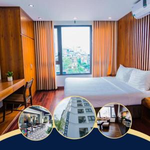 a hotel room with a bed and a desk and a balcony at Hana Stay Trần Quốc Hoàn in Hanoi
