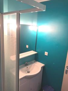 a bathroom with a sink and a mirror at GRAND Appart 46m² en ville à 10 mn de la plage in Cabourg