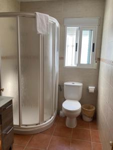 La salle de bains est pourvue d'une douche et de toilettes blanches. dans l'établissement ApartamentoS Rosa, à Arroyo Frío