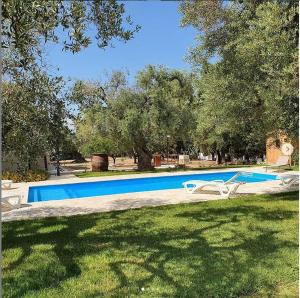uma piscina com duas cadeiras na relva em Salento- Villa Torricella em Leverano