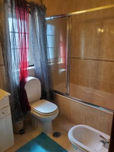 W łazience znajduje się toaleta, prysznic i umywalka. w obiekcie Alojamento Bertil w mieście Nazaré