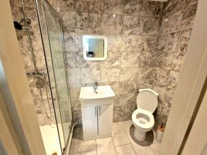een badkamer met een douche, een toilet en een wastafel bij Mile End Budget Guesthouse in Londen