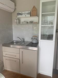 a small kitchen with a sink and a stove at Tiny House Droom aan de Linge in Wadenoijen +29 photos
