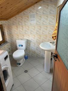 een kleine badkamer met een toilet en een wastafel bij Happy Corner Guest House in Shkodër