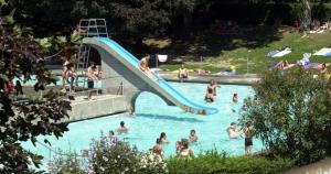 um grupo de pessoas numa piscina com escorrega em [NEW BELLINZONA] Grazioso Nido a ☆☆☆☆☆ em Bellinzona