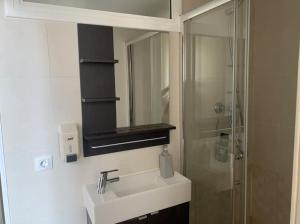a bathroom with a sink and a shower and a mirror at Nice apartment close to park Guell1 in Barcelona