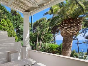 a white porch with a palm tree and the ocean at Hotel Nautilus in Capri