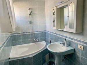 a bathroom with a sink and a bath tub at Casa din livada in Borşa