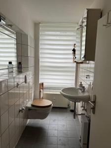 a bathroom with a toilet and a sink at Gemütliche Ferienwohnung mit gratis Netflix in Glauchau +9 photos