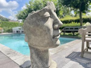 una statua di una testa accanto a una piscina di Amadeus Restaurant & Boutique Hotel a Well