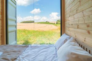 Schlafzimmer mit einem Fenster und Blick auf ein Feld in der Unterkunft Arche Siedlisko Typin 140 in Tomaszów Lubelski