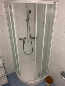 y baño con ducha y puerta de cristal. en Ferienwohnung Valere B - it's magic gmbh, en Leukerbad