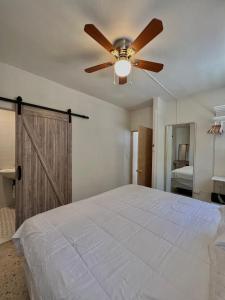a bedroom with a large bed with a ceiling fan at Casa Cecilia PR in San Juan