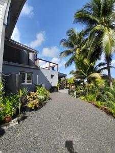 une allée menant à une maison avec des palmiers dans l'établissement BLUE DREAM SPA, à Les Trois-Îlets