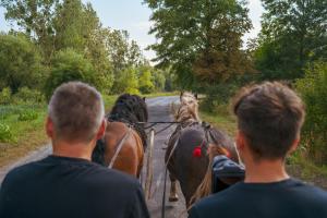 dos hombres y un perro en un caballo en un camino en Arche Siedlisko Typin 140, en Tomaszów Lubelski