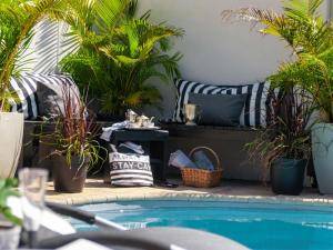 un patio con plantas y una piscina en Villa Palmera Load shedding FREE, en Mossel Bay