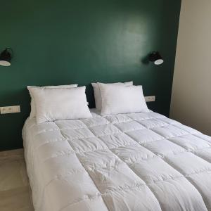 a large white bed in a bedroom with a green wall at Dlalate in Agadir