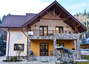 a house with a brown roof at Pensiunea Bucur in Dămuc +51 photos