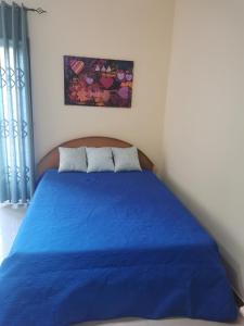 - une chambre dotée d'un lit bleu et d'une peinture murale dans l'établissement Royal Studio, à Flic-en-Flac