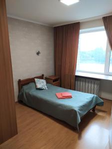 a bedroom with a bed and a large window at Hotel Trias in Kyiv