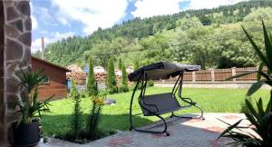 a chair sitting on a patio in a yard at Pensiunea Bucur in Dămuc