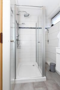 La salle de bains est pourvue d'une douche avec une porte en verre. dans l'établissement Ferienwohnung Seepferdchen im Wohnpark Werdum, à Werdum