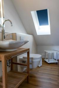 baño con lavabo y aseo y ventana en Ferienhaus Reuter, en Schweich