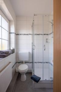 ein Badezimmer mit Toilette und Dusche in der Unterkunft Gästehaus Olympia Wilhelmshaven - Moderne Einzelzimmer mit eigenem Bad für Monteure in Schortens
