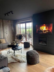 sala de estar con chimenea y sofá en Suites de la vallée 6 en Érezée