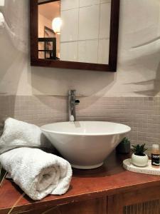 uma casa de banho com lavatório, espelho e toalhas em Nancy Vieille Ville Stanislas em Nancy