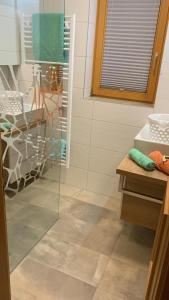 La salle de bains est pourvue d'une douche avec une porte en verre. dans l'établissement Haus Christina, à Weissensee