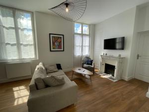 een woonkamer met een bank en een open haard bij Appartement Le Corneille centre ville climatisé in Saumur