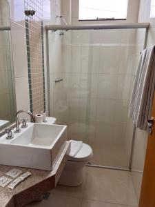 een badkamer met een wastafel, een douche en een toilet bij Hotel Cadori in Paiçandu