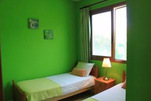 Dormitorio verde con 2 camas y ventana en Yiannos House, en Evrykhou