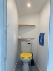 toaleta z żółtą pokrywką w łazience w obiekcie Gîte de la côte à Autreville sur Moselle w mieście Autreville-sur-Moselle